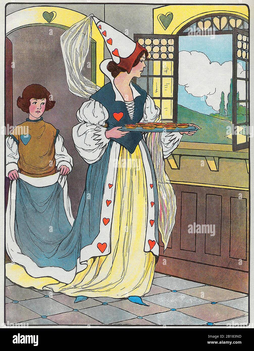 The Queen of Hearts, She made some tarts, All on a summer's day - The Real Mother Goose Nursery Rhyme Illustration by Blanche Fisher Wright circa 1915 Stock Photo