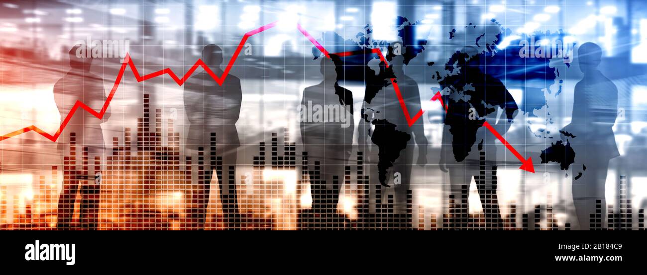 Chart with red down arrow on abstract background. Falling growth in ...