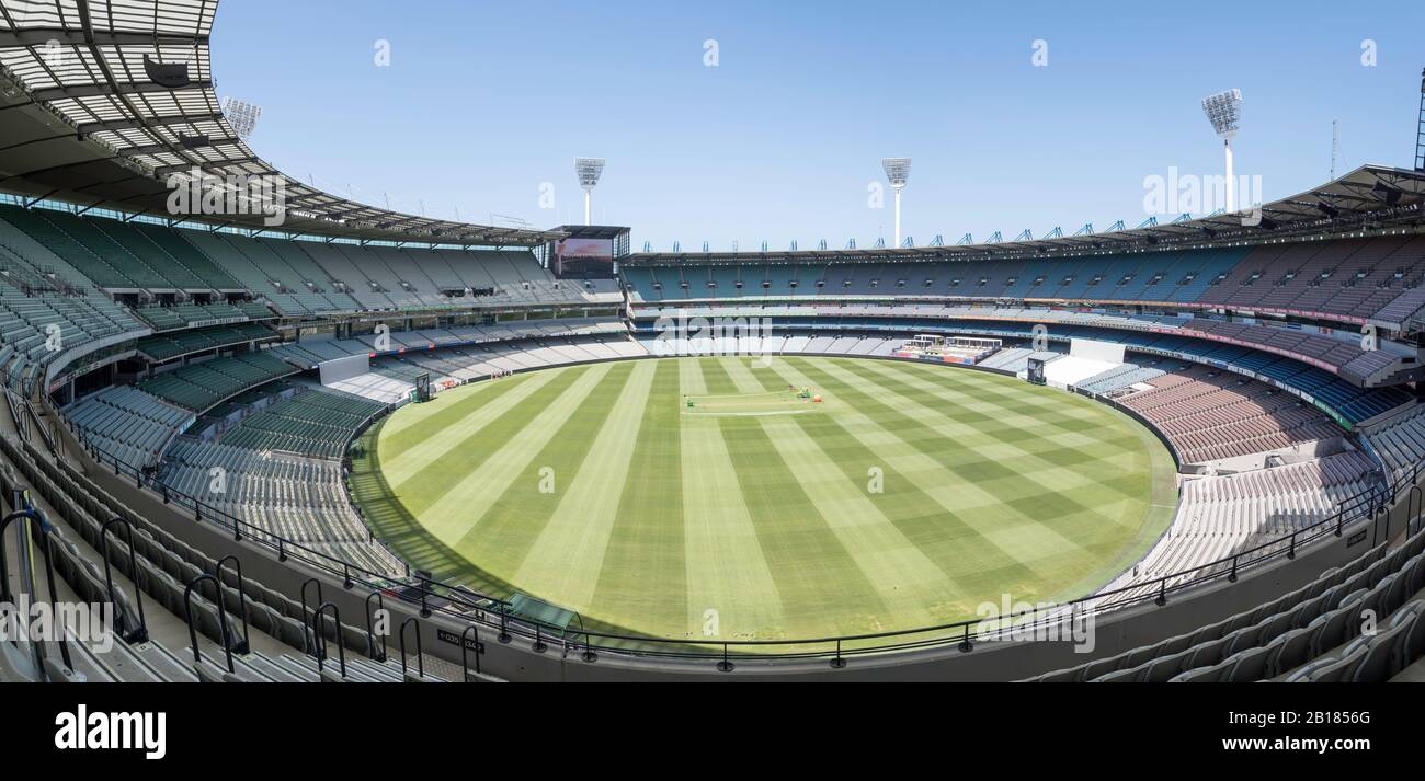 A panoramic view from the upper level of the Melbourne Cricket Ground (MCG) as it is being prepared for a cricket test match Stock Photo
