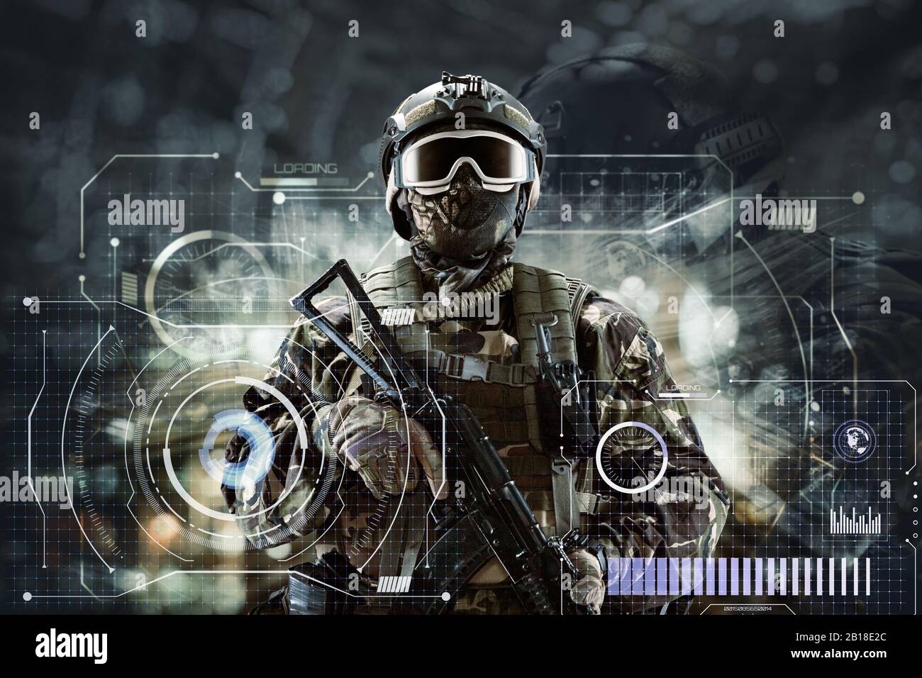 Soldier special forces in glasses with weapons in their hands on a futuristic background.  Military concept of the future. Stock Photo
