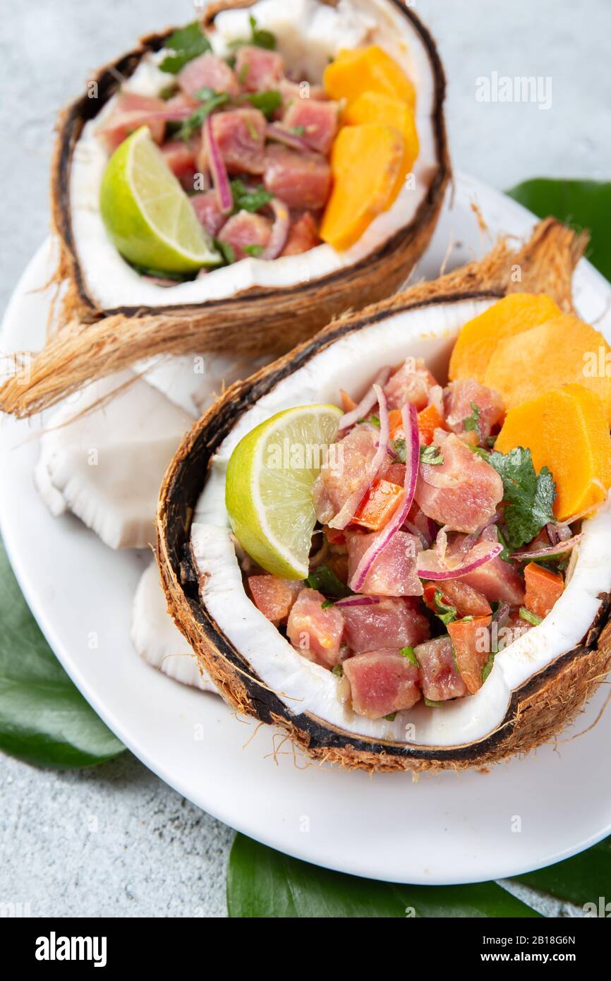 Easter island Tahitian, Hawaiian Tuna Ceviche with sweet potato in