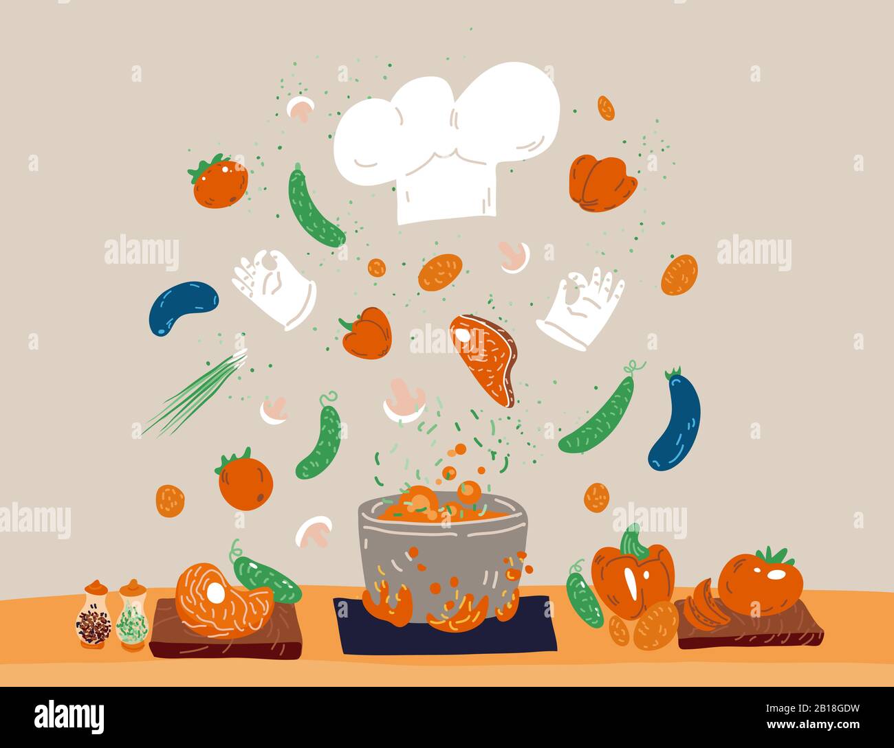 https://c8.alamy.com/comp/2B18GDW/vector-cartoon-cute-concept-of-professional-cooking-for-small-restaurants-and-home-cook-white-hat-and-gloves-with-vegetables-meat-ingredients-for-2B18GDW.jpg