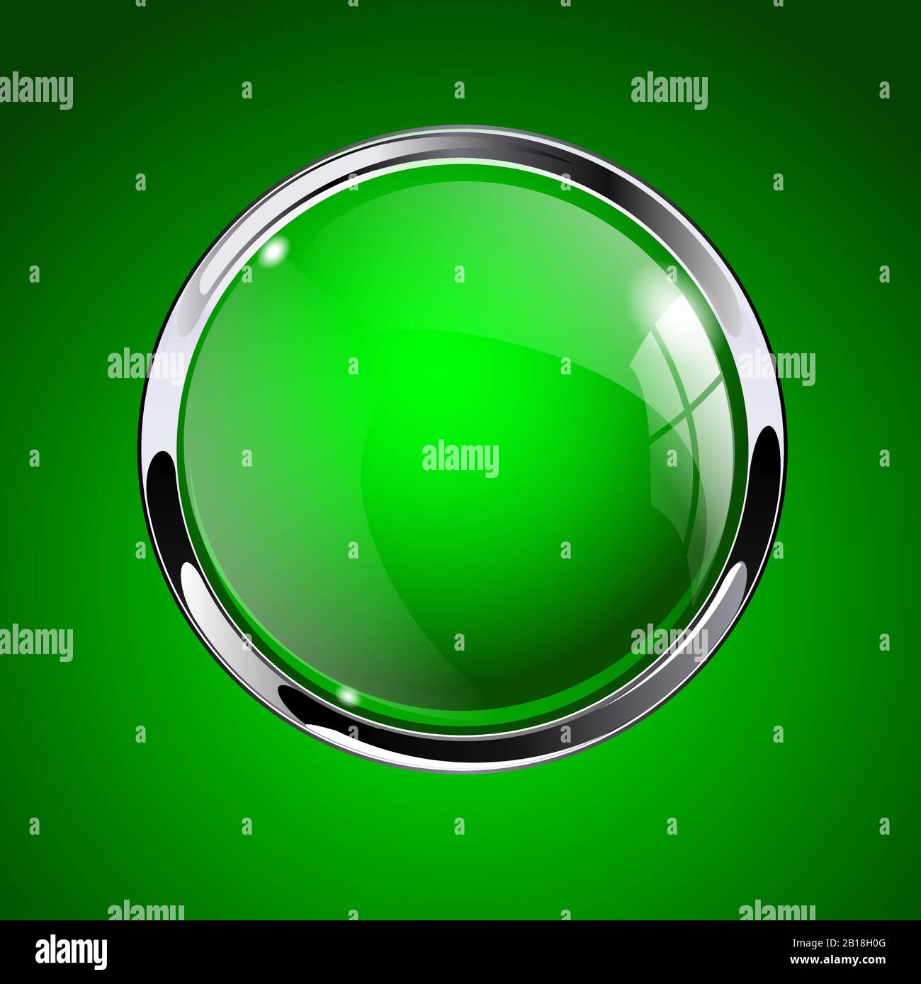 Green glass button with metal frame on green background Stock Vector ...
