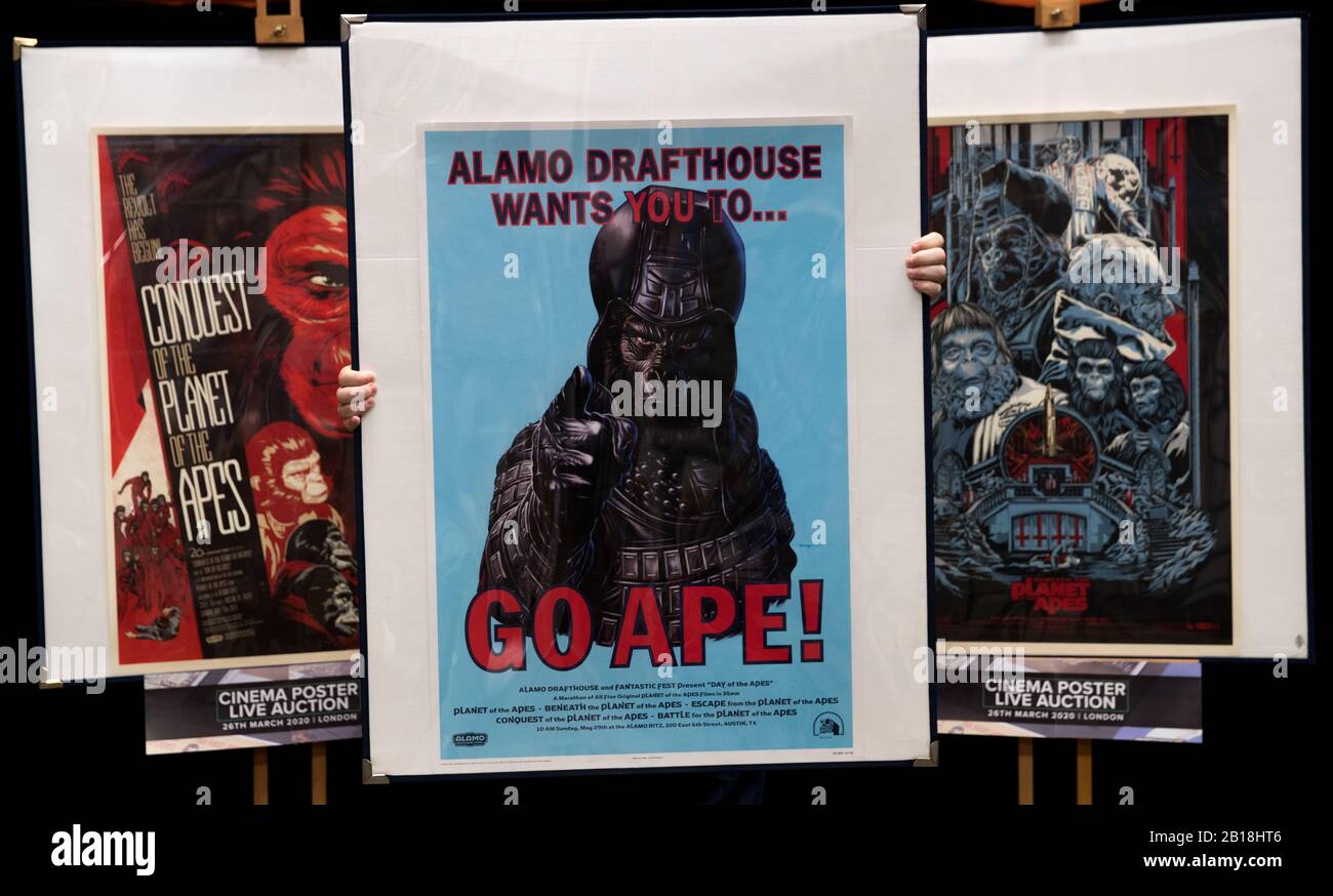 Prop Store poster consultant Mark Hochman holds a Mondo poster for Alamo Drafthouse, which is part of a set of six posters for the Planet of the Apes movies (1968 - 1973) (estimate £500 - 700) during a preview for the Prop Store's forthcoming cinema poster auction. Stock Photo