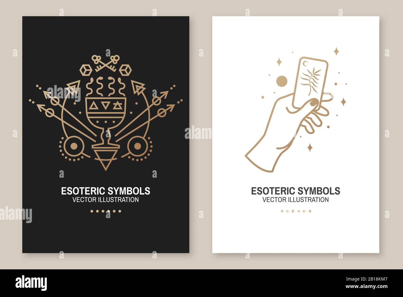 Gold esoteric symbols. Vector illustration. Thin line geometric badge. Outline icon for alchemy or sacred geometry. Mystic and magic design with hand, cup with snakes and and moon Stock Vector