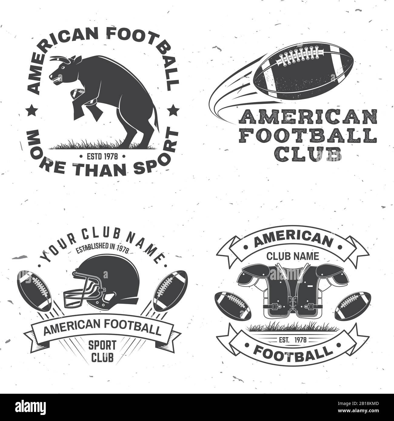 Set Of American Football Or Rugby Club Badge Vector For Shirt Logo Print  Stamp Patch Vintage Design With Bull American Football Sportsman Player  Helmet Ball And Shoulder Pads Silhouette Stock Illustration 