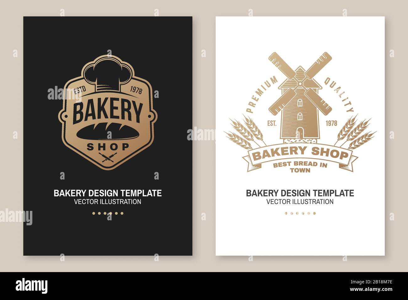 Set of Bakery shop badge. Vector illustration. Concept for poster, flyer, bakery template. Design with chef hat ,windmill, rolling pin, dough, wheat ears silhouette. For frames, packaging Stock Vector
