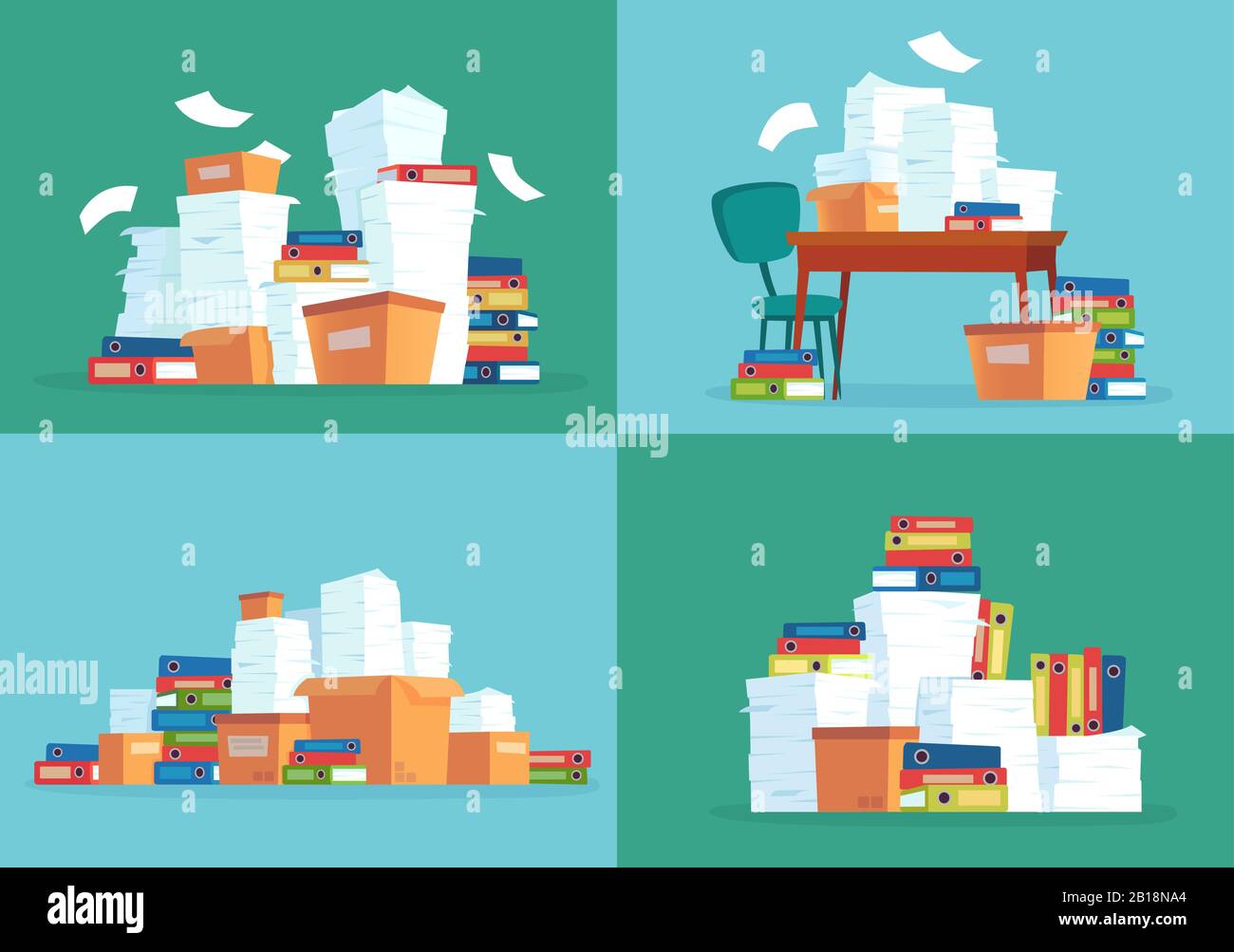 Office paper documents. Work papers pile, document folders and paperwork documentation files stack cartoon vector illustration set Stock Vector