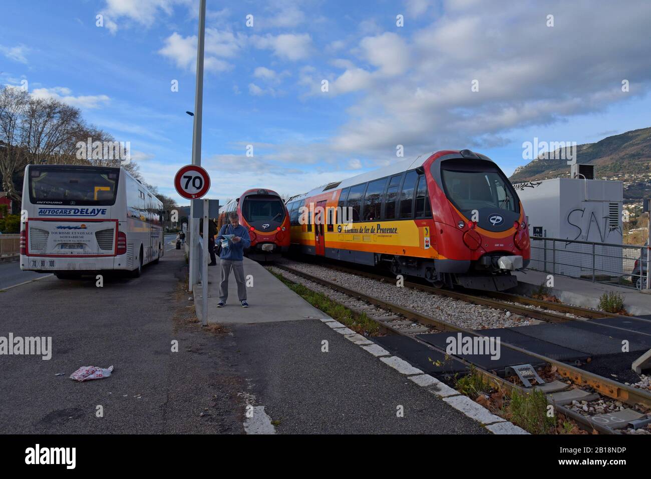 The Colomars station of the Chemins de Fer de Provence narrow gauge railway in Nice, France