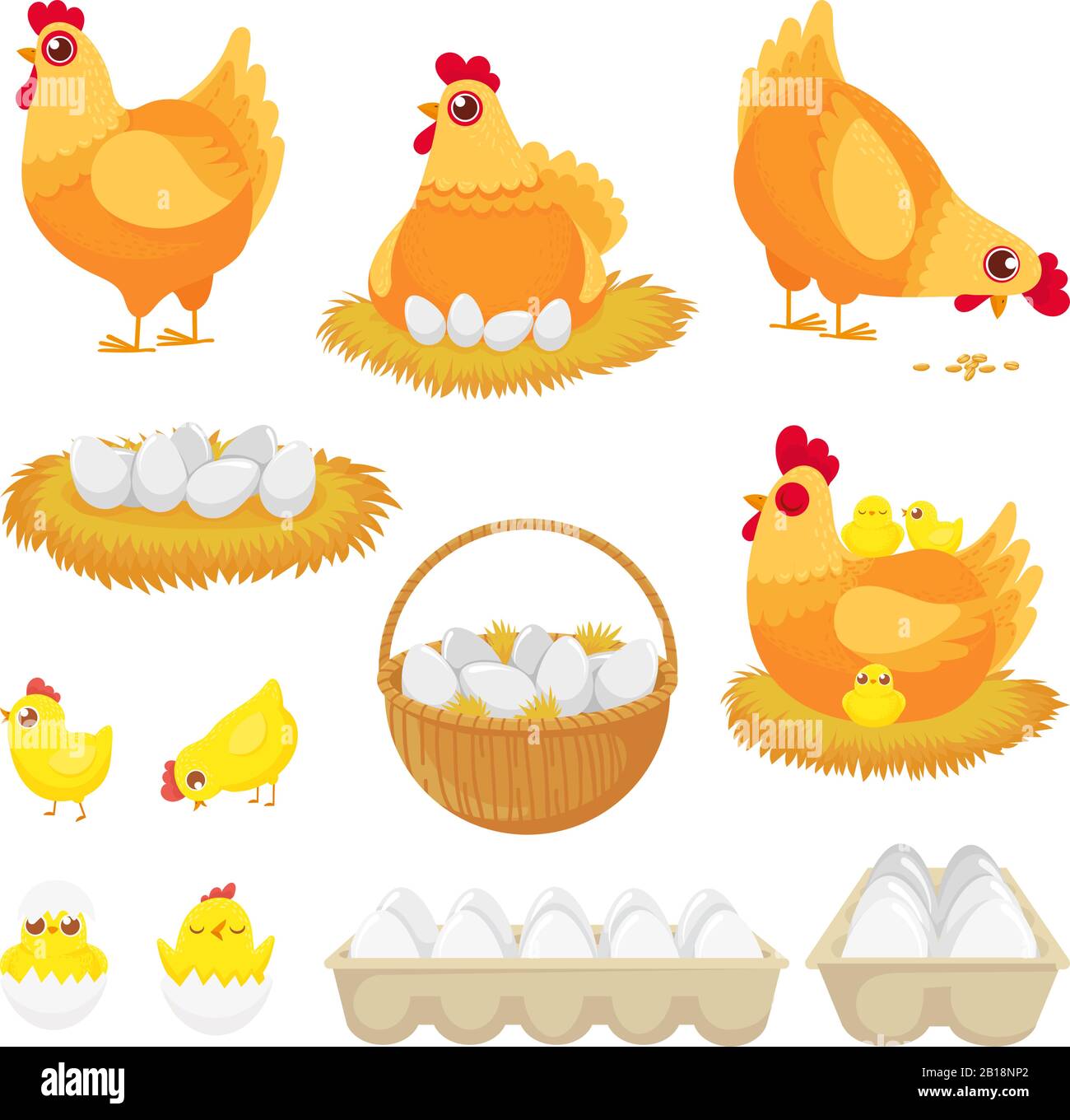 Chicken eggs. Hen farm egg, nest and tray of chickens eggs cartoon vector illustration set Stock Vector