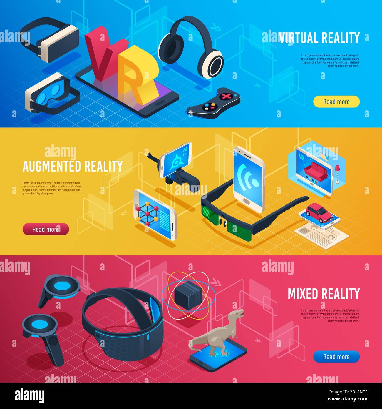 Augmented reality. Isometric virtual reality wireless headset communication banners vector illustration Stock Vector