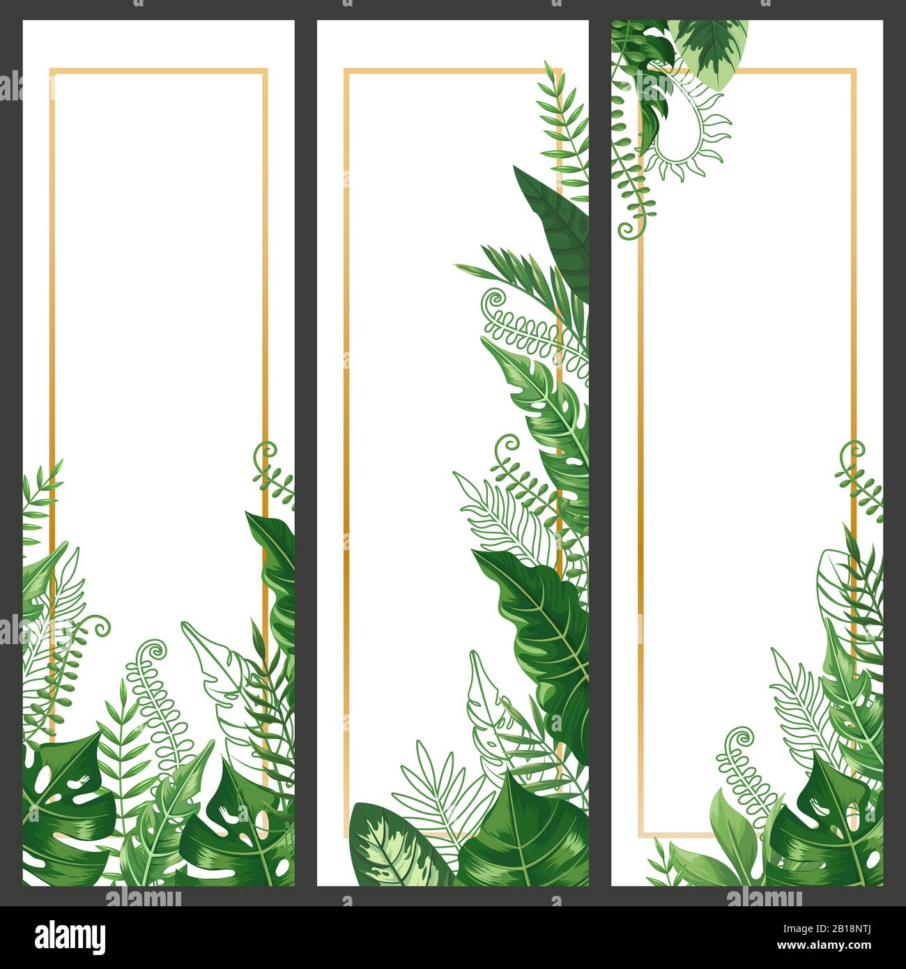 Exotic leaves banner. Tropical monstera leaf, palm branch and vintage hawaii nature plants vertical banners vector background set Stock Vector