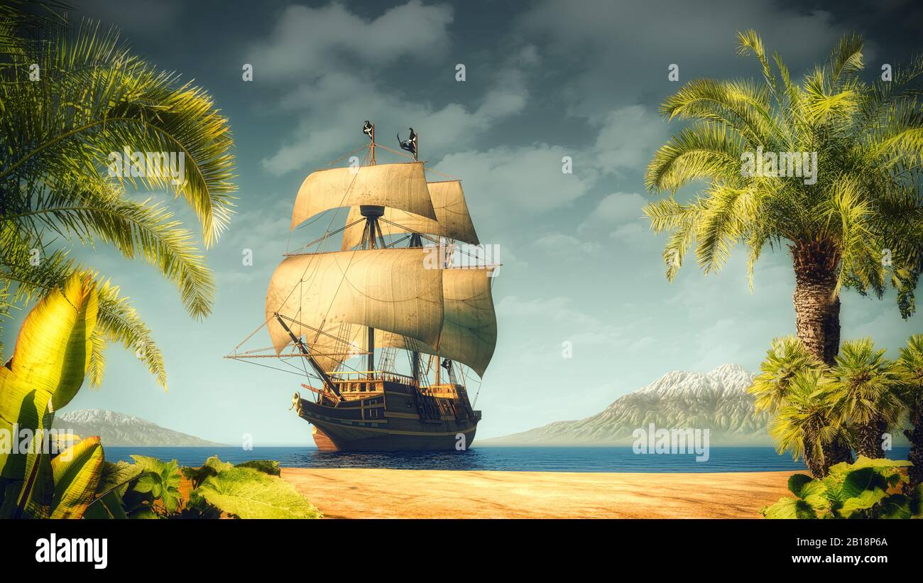 Pirates ship near the tropical island with palms. Illustration, 3D render parts included. Stock Photo