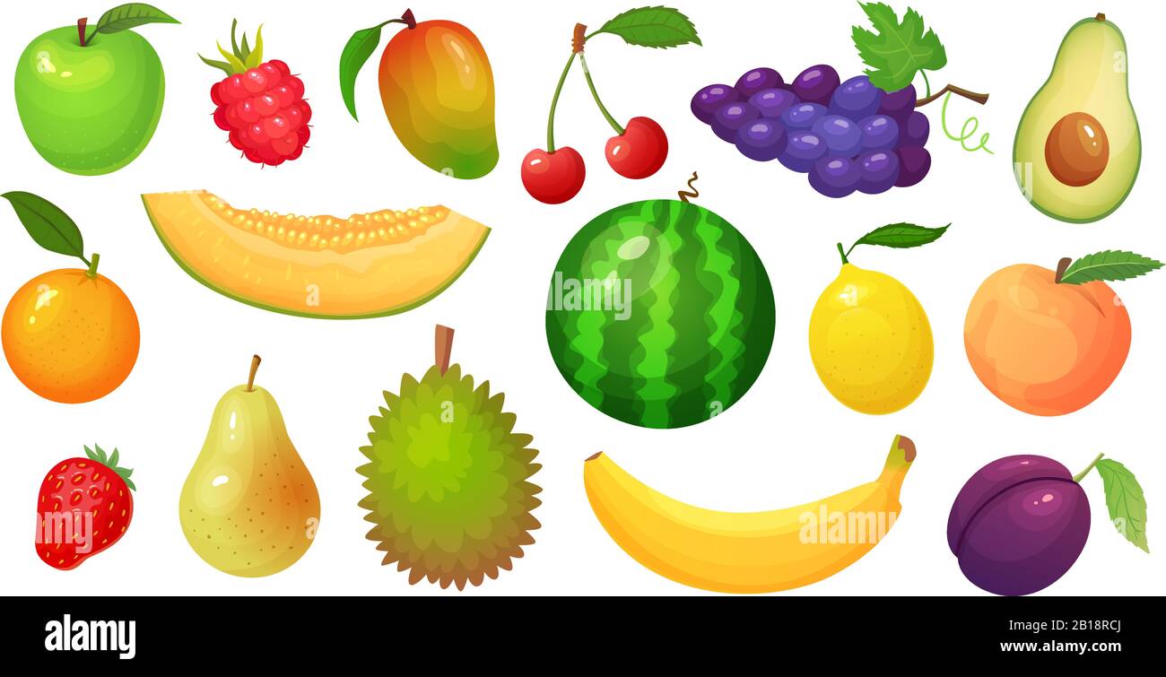 Cartoon fruits. Mango fruit, melon slice and tropical banana. Raspberry