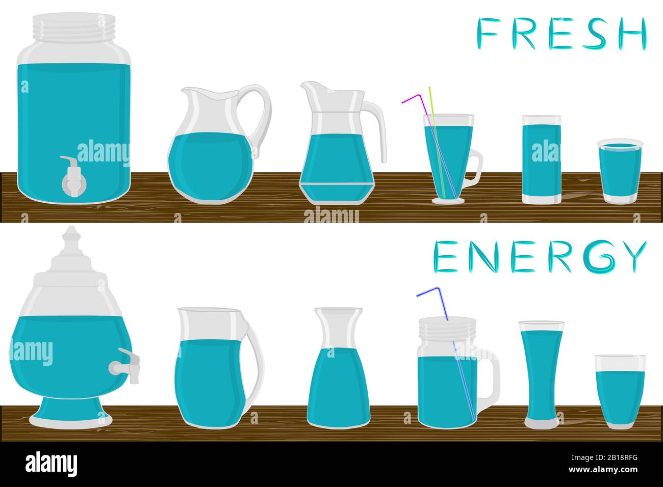 Illustration on theme big kit different types glassware, energy jugs