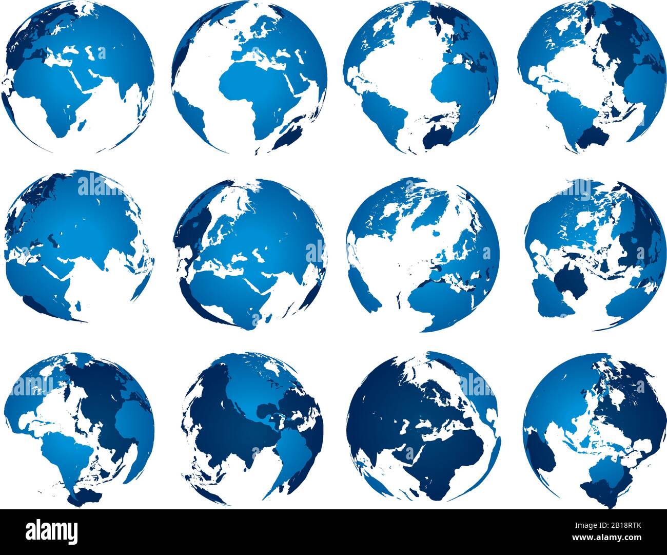 Blue earth globe. Globes sphere silhouette, europe asia and america maps. Earth map isolated 3D vector set Stock Vector