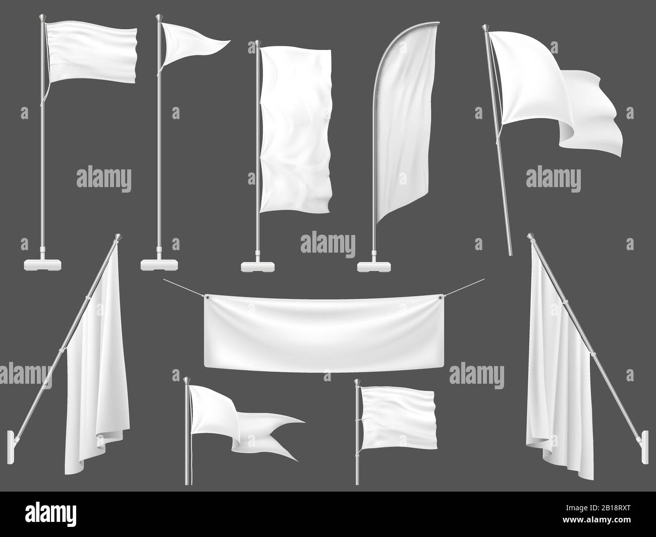 Mockup flag. White flags, blank canvas banner and fabric flag on flagpole 3d template vector illustration Stock Vector