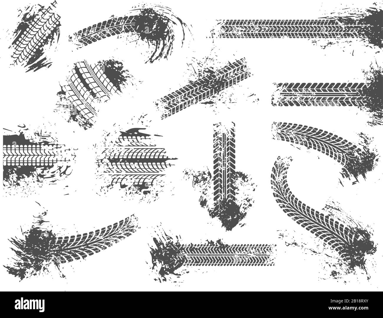 Dirty tire tracks. Grunge motor race track, wheel tires protector pattern and dirt wheels imprint texture vector illustration set Stock Vector