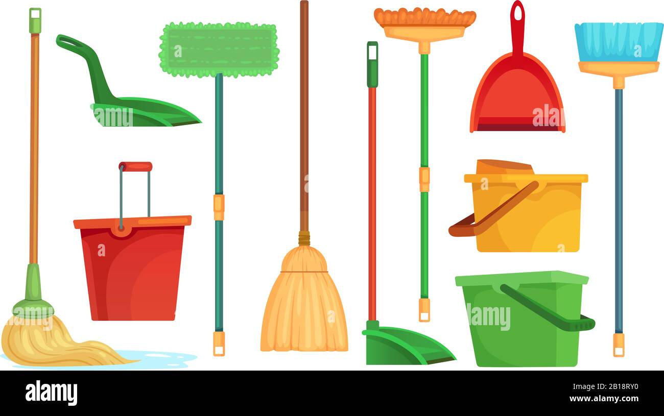 Housework broom and mop. Sweeper brooms, home cleaning mops and cleanup broom with dustpan isolated cartoon vector illustration set Stock Vector