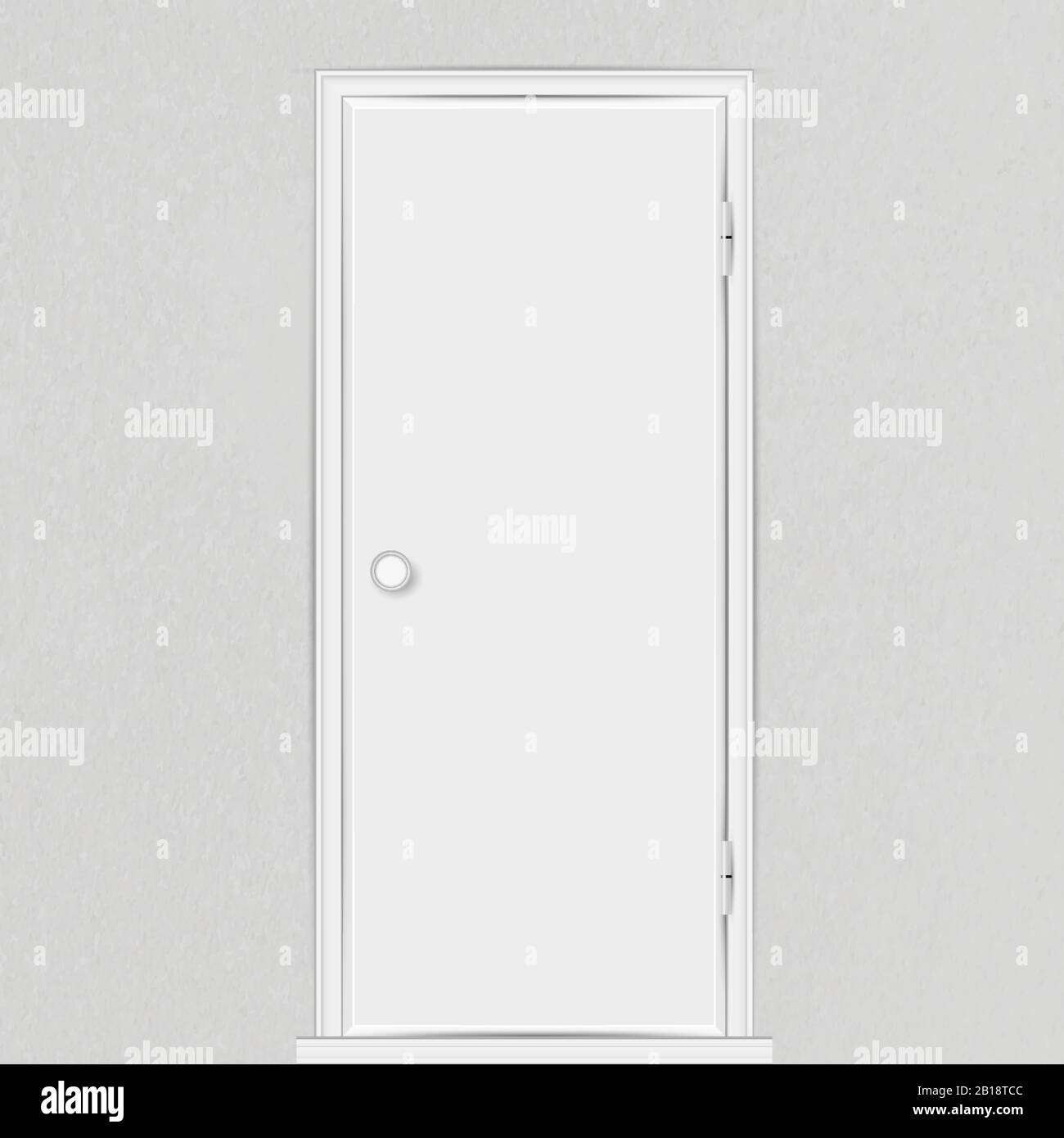 Realistic empty white closed door with frame and doorknob isolated on textured grey wall background. Vector illustration. Stock Vector