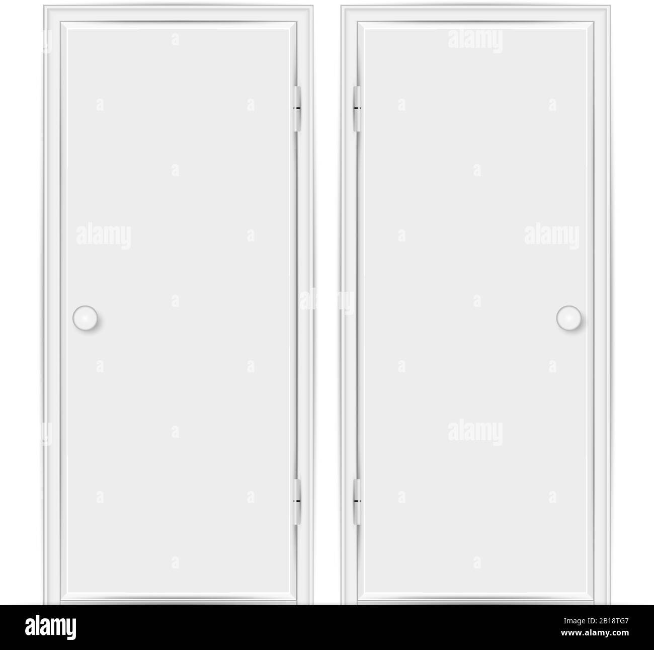 Two realistic empty white closed doors with frames and doorknobs isolated on white. Vector illustration. Stock Vector