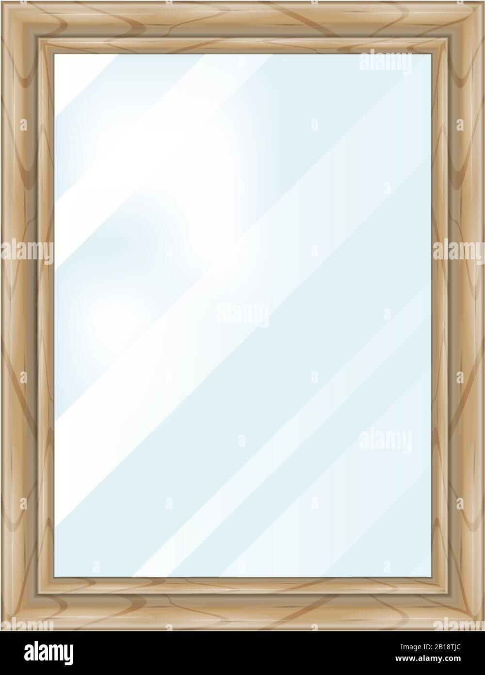Single wooden window frame with glass isolated on white. Realistic vector illustration. Textured window frame, sun rays on the glass. Stock Vector