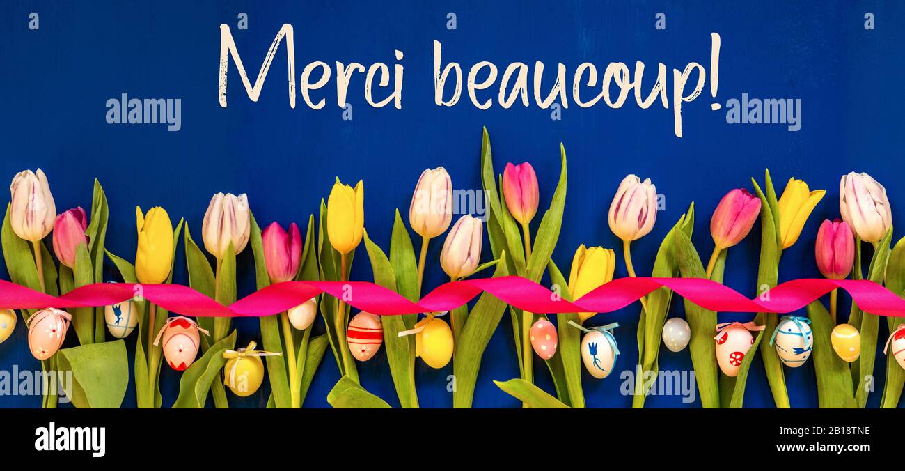 Banner With Colorful Tulip Merci Beaucoup Means Thank You Easter Egg Stock Photo Alamy