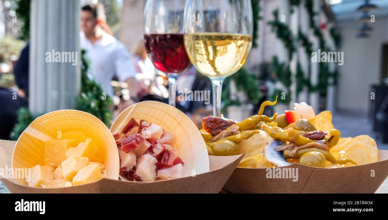 Tapas Bar Panorama Cheese Ham And Pinchos With Peppers With Red