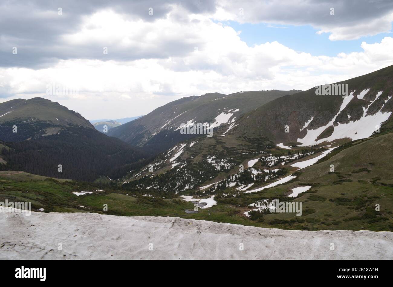 Summer in Rocky Mountain National Park: Alpine Tundra, Fall River Glacier Cirque, Fall River Valley and Old Fall River Road From Alpine Visitor Center Stock Photo