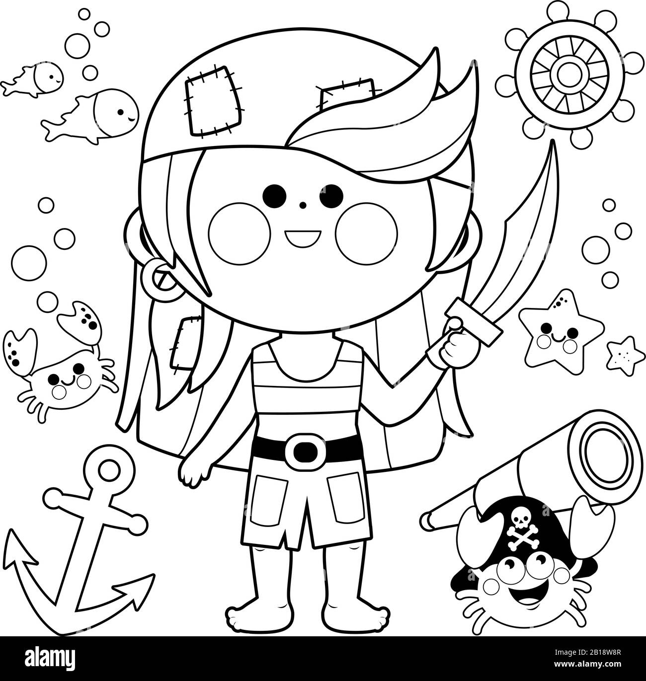 A pirate girl with a sword and other pirate themed illustrations. Vector black and white illustration Stock Vector