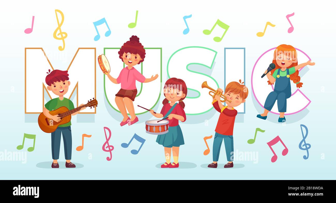 Kids playing music. Children musical instruments, baby band musicians and dancing kid singing or playing guitar vector illustration Stock Vector