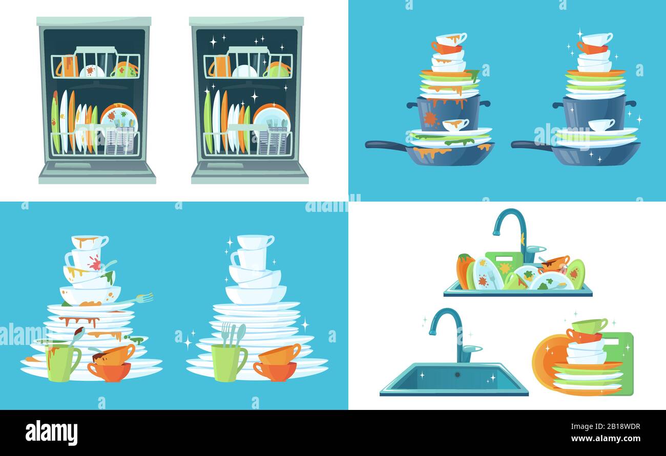 Dirty kitchen dish. Clean empty dishes, plates in dishwasher and dinnerware in sink. Washing up dish cartoon vector illustration Stock Vector