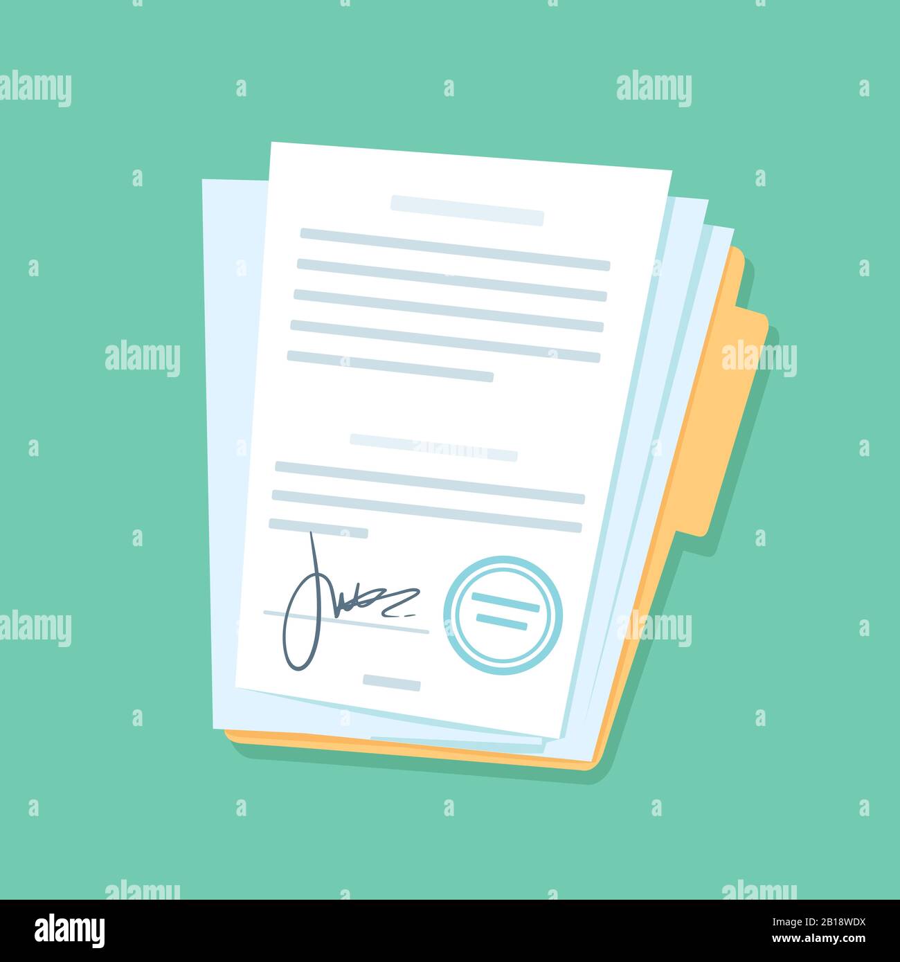 Signed paper documents. Manual signature on important office papers, stamped documentation files in files folder vector illustration Stock Vector