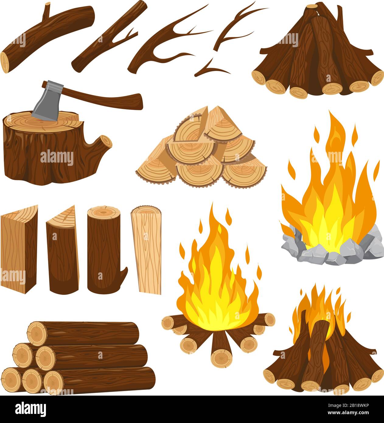 Firewood boards. Fireplace fire wood, burning wooden stack and blazing bonfire. Campfire logging pile cartoon vector illustration Stock Vector