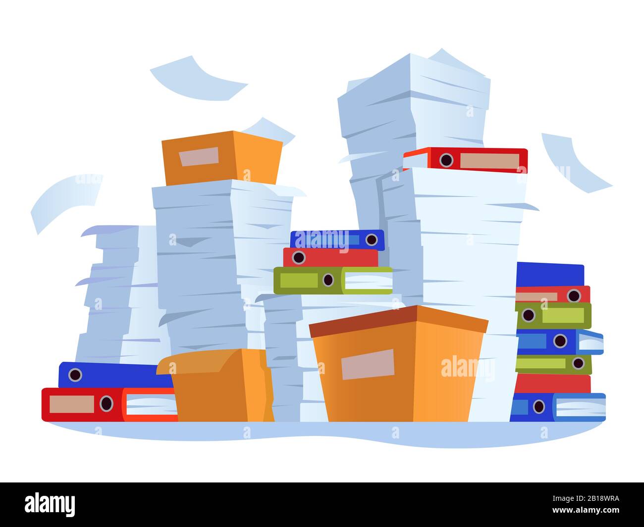 Unorganized paperwork. Paper documents stack, office work documentation disarray cartoon illustration Stock Vector