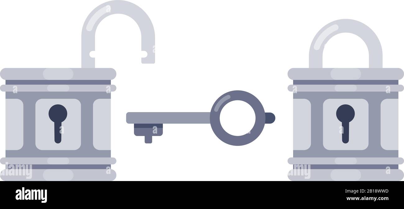 Lock and key. Open and locked locks, safety padlock keyhole flat vector