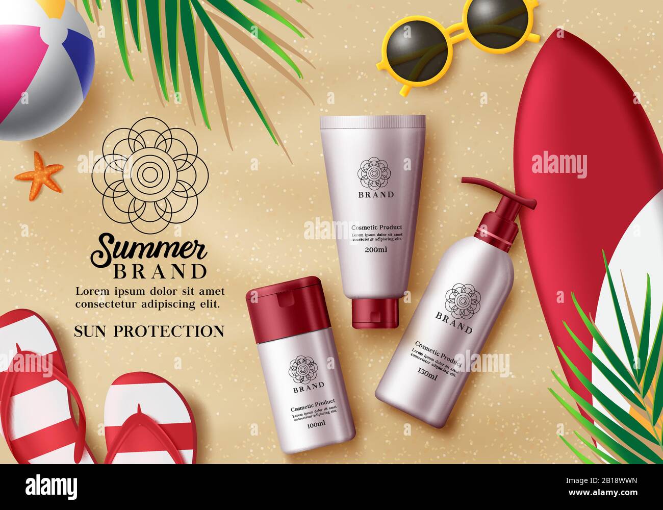 Summer cosmetic products vector template. Sun protection cosmetic products with sunscreen and