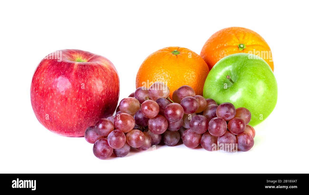 Apple, orange and grape isolated on white background Stock Photo Alamy