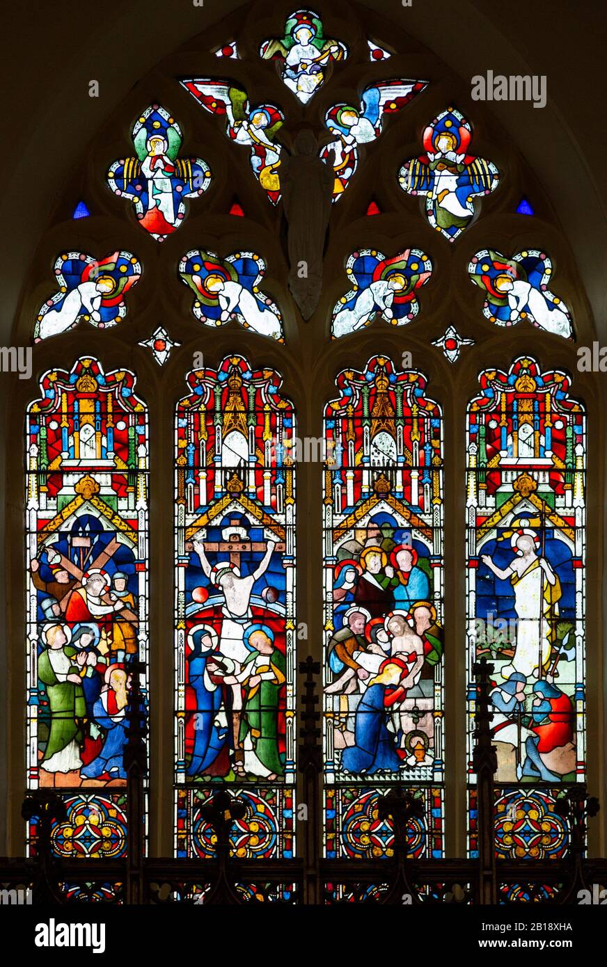 Stained glass east window c 1870, Wickham Market church, Suffolk