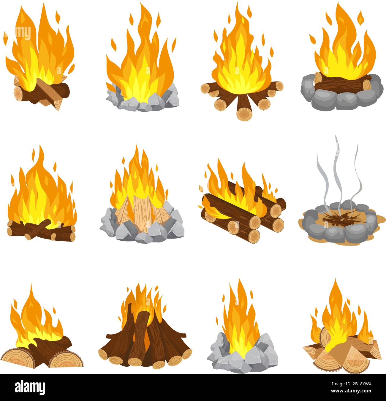 Wood campfire. Outdoor bonfire, fire burning wooden logs and camping stone fireplace cartoon vector illustration set Stock Vector