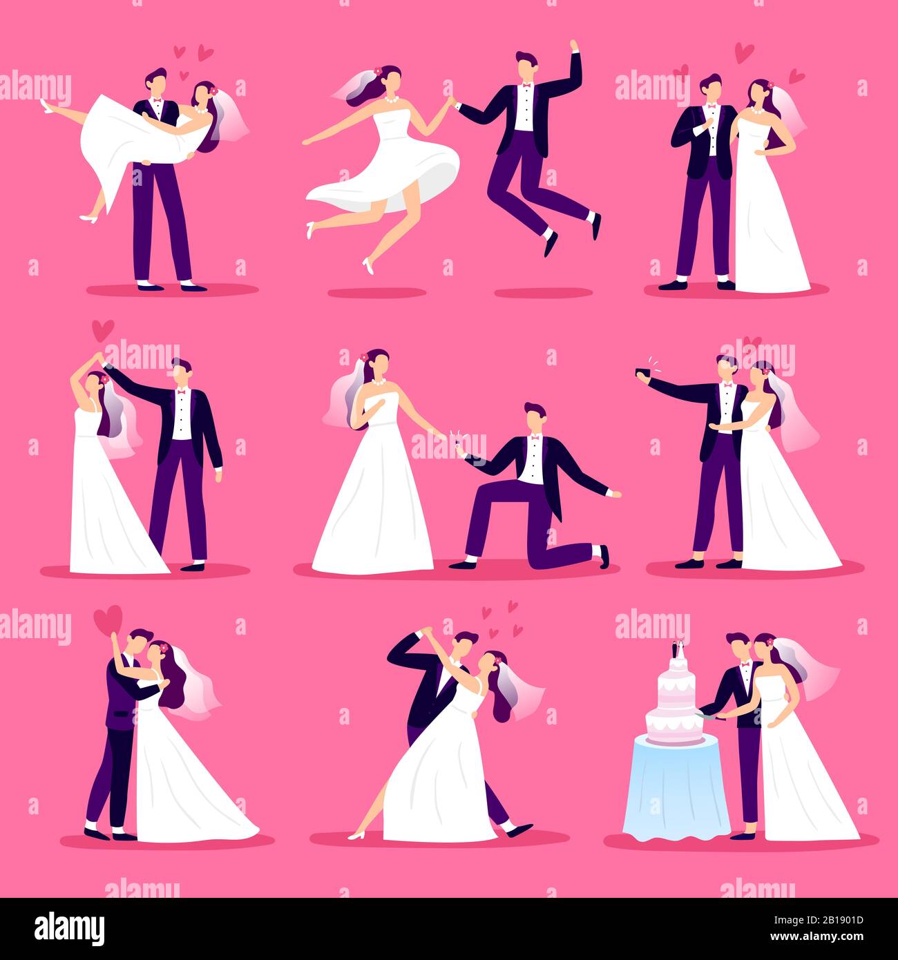 Marriage couple. Just married couples, wedding dancing and weddings celebration. Newlywed bride and groom vector illustration set Stock Vector