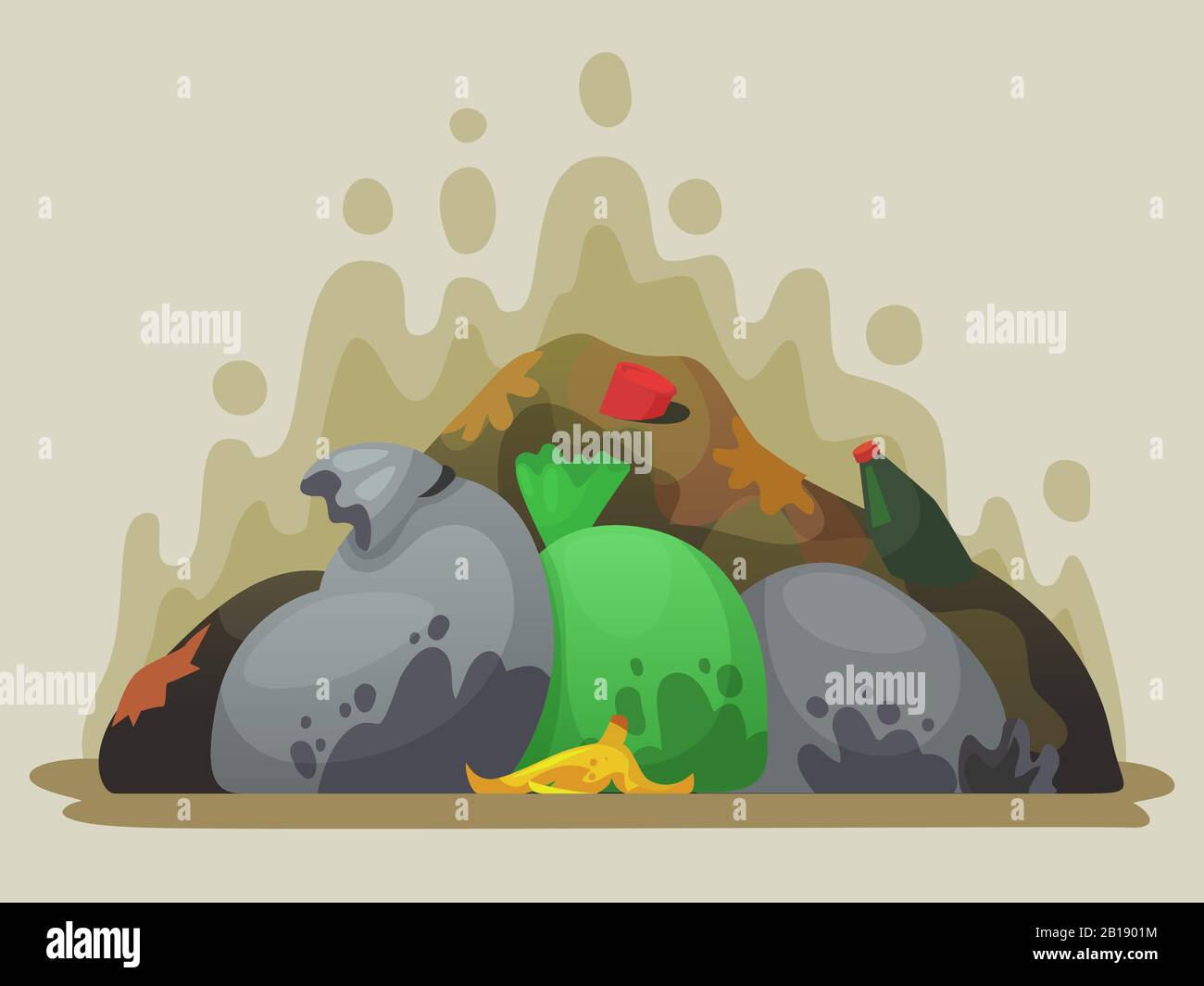 Garbage dump. Smelly trash in garbage bags, city dumps and pile of rubbish cartoon vector illustration Stock Vector