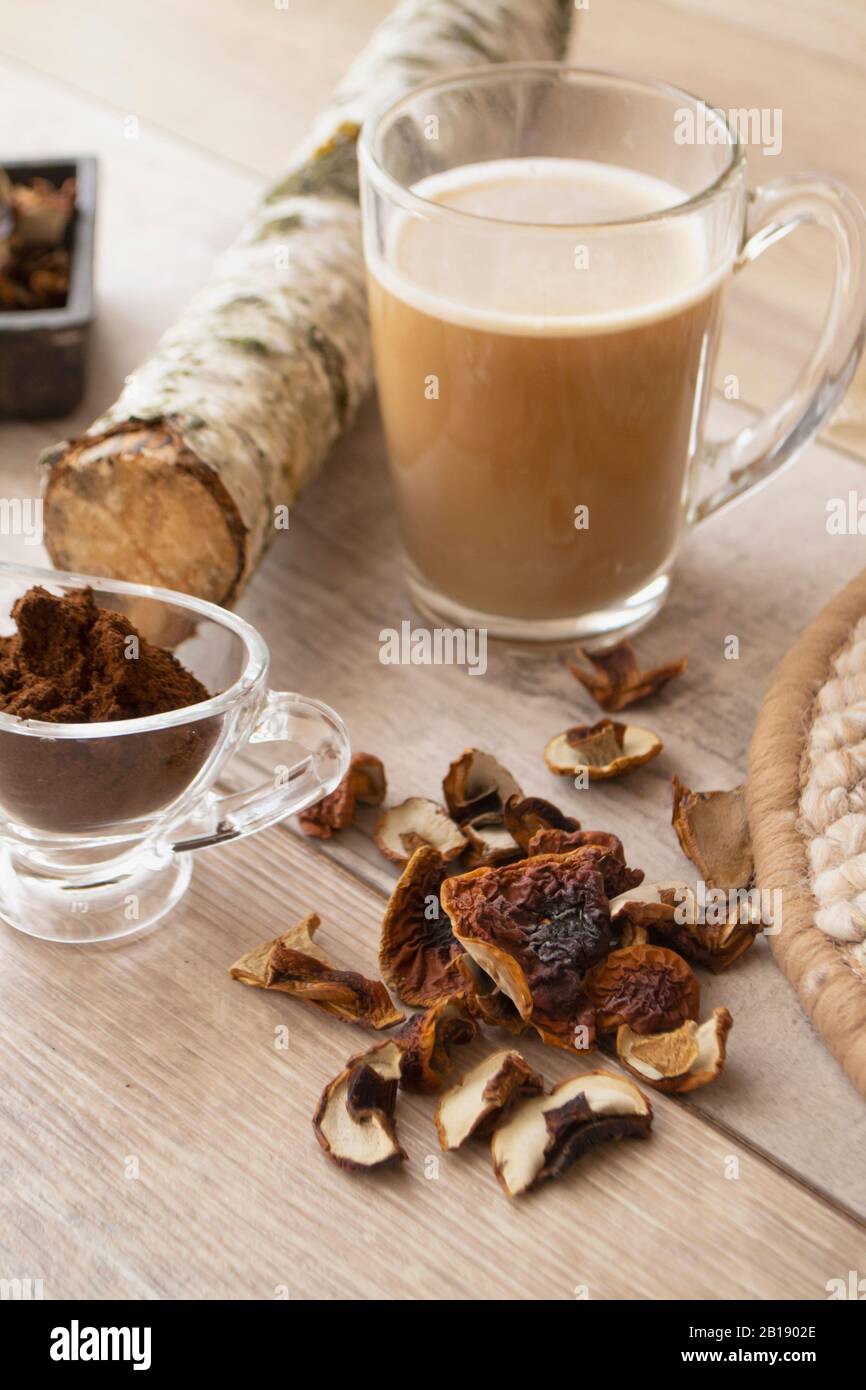 Coffee latte mushroom trend, birch mushroom chaga, dried cep boletus, branch of birch, coffee powder, vertical image Stock Photo