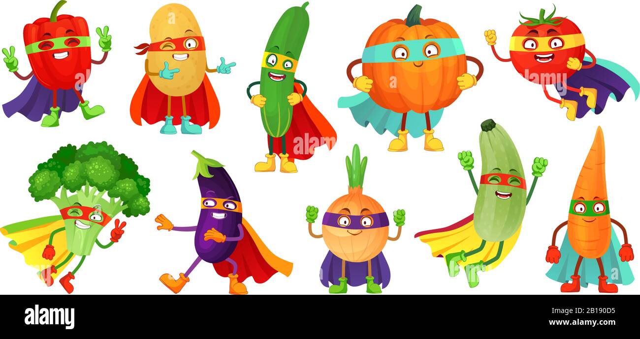 Superhero vegetables. Super cucumber, hero mask on pumpkin and vegetable food with superheroes cloak cartoon vector illustration set Stock Vector