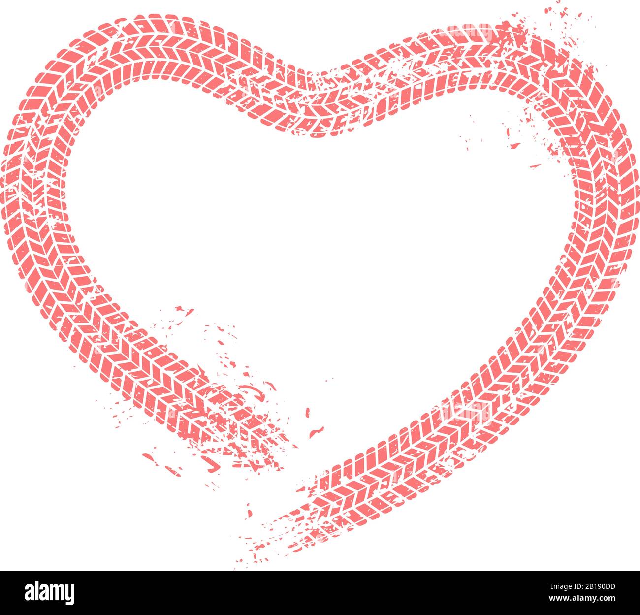 Tire tracks heart. Motorist love, hearts tire track and motor car enthusiast valentines card grunge vector illustration Stock Vector