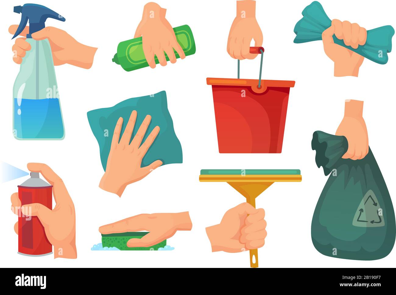 Cleaning products in hands. Hand hold detergent, housework supplies and cleanup rag cartoon vector illustration set Stock Vector