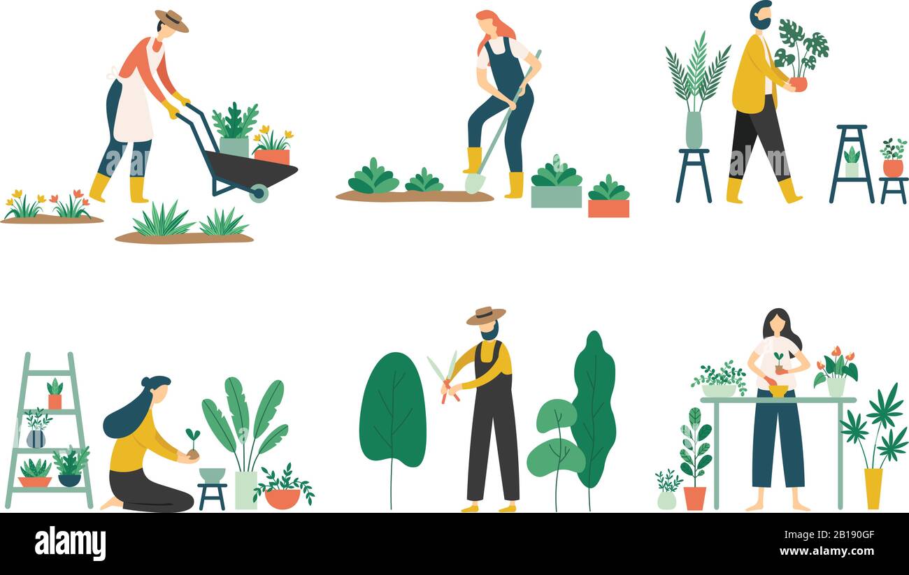 People gardening. Woman planting gardens flowers, agriculture gardener hobby and garden job flat vector illustration set Stock Vector