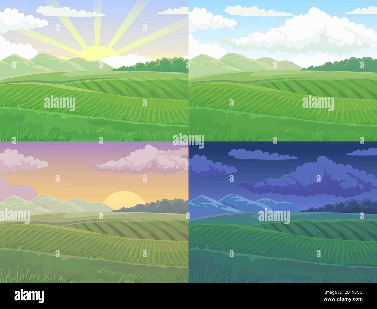 Summer field. Green hill, daytime fields landscape and spring hills cartoon vector illustration background Stock Vector
