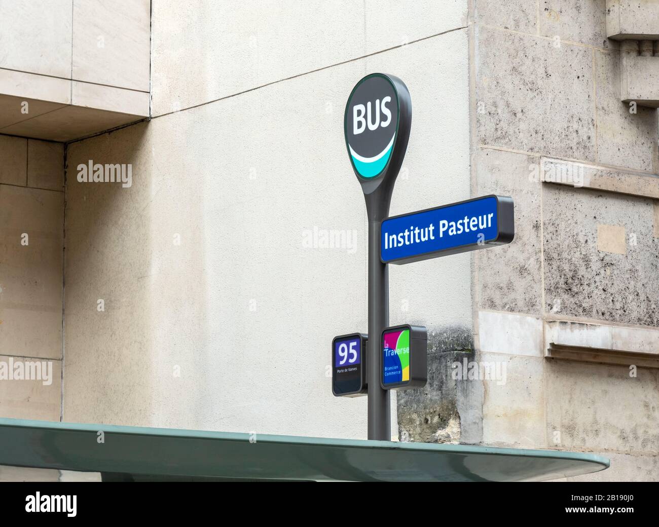 Pasteur institute bus stop sign in Paris Stock Photo