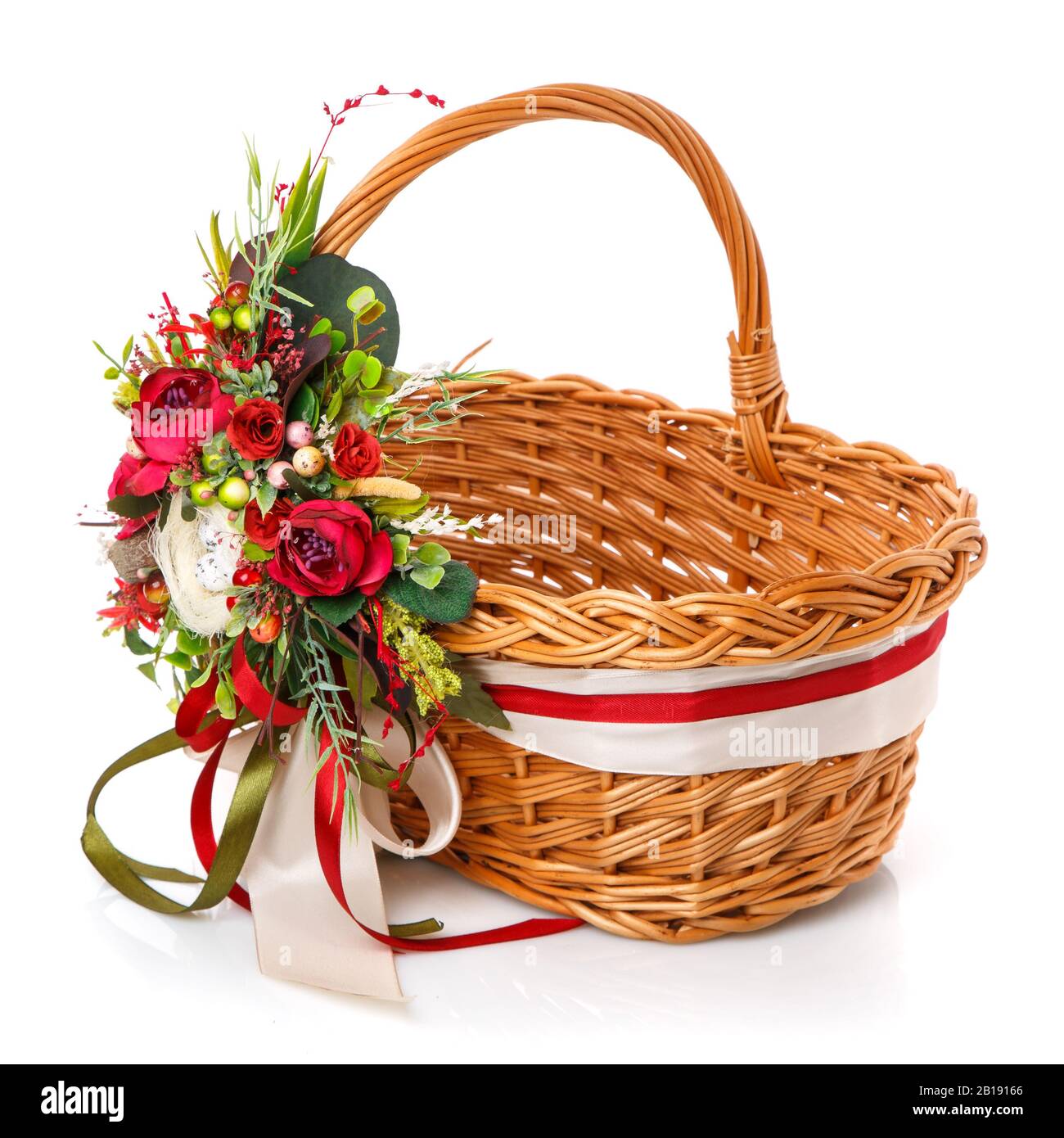 Floral composition with flowers, greenery and ribbons hanging on the ...